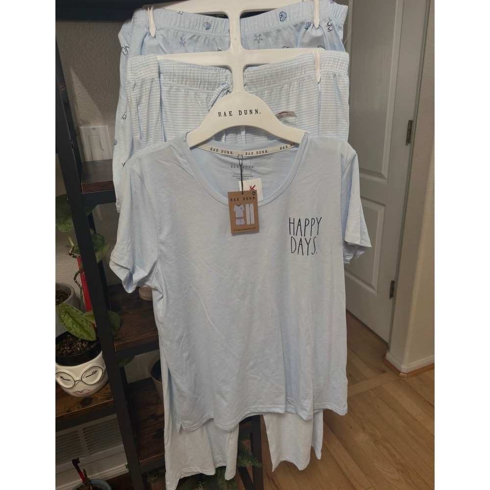 Rae Dunn Womens 3 Piece Pajama Set Blue Happy Days Tee Shorts Pants XL NWT